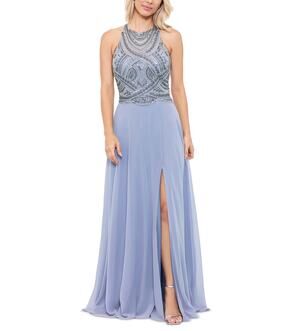 Betsy & Adam Gray Evening Gown Beaded Chiffon Cut Out Long A-Line Dress Size 4